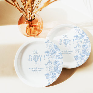 Oh Boy Blue Toile Safari Animal Baby Shower Paper Plate