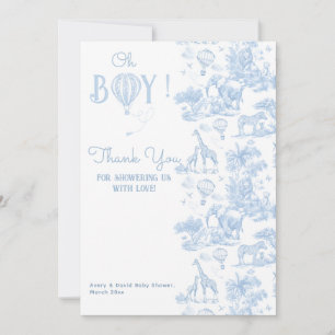 Oh Boy Blue Toile Safari Animal Baby Shower Thank You Card