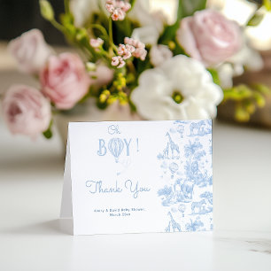 Oh Boy Blue Toile Safari Animal Baby Shower Thank You Card