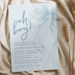 Oh Boy Blue Watercolor Bow Baby Shower Invitation