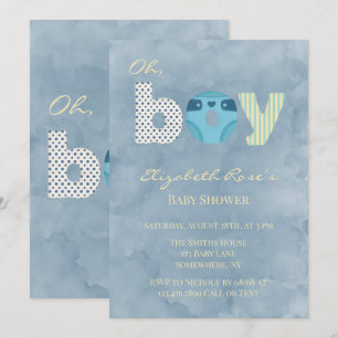 Oh Boy Blue Watercolor Diaper Baby Shower Gift Invitation