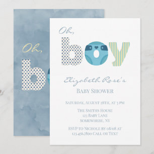 Oh Boy Blue Watercolor Diaper Baby Shower Invitation