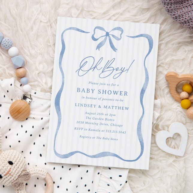 Oh Boy Blue Wavy Ribbon Bow Baby Shower Invitation (sweet baby shower invitation for boys featuring a wavy, curvy frame and bow)
