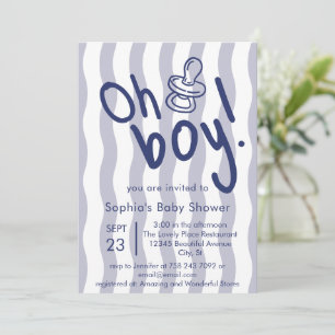 Oh Boy Blue Wavy Stripes Baby Shower  Invitation