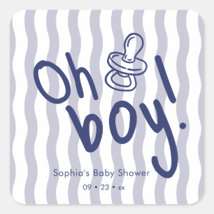 Oh Boy Blue Wavy Stripes Baby Shower  Square Sticker