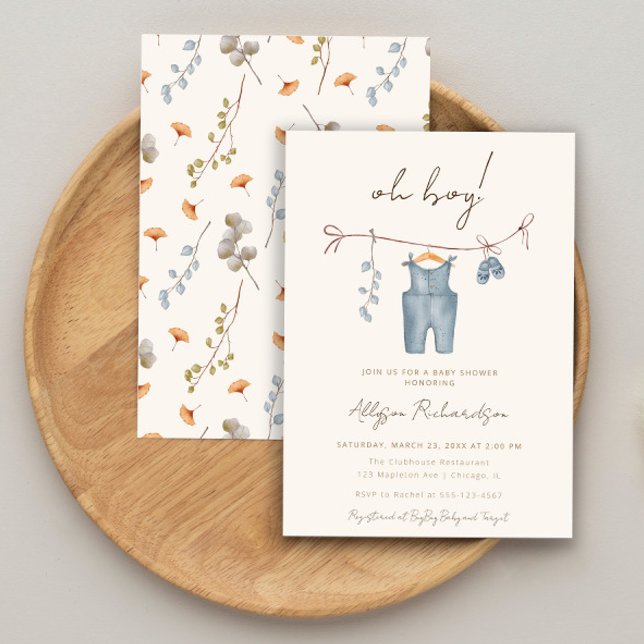 Oh Boy boho watercolor baby clothes blue shower Invitation (Creator Uploaded)