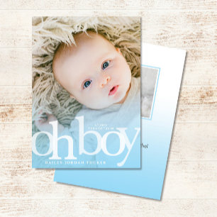OH BOY Bold Overlay Blue Photo Birth Announcement