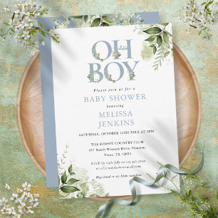 Oh Boy Botanical Greenery Dusty Blue Baby Shower Invitation