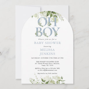 Oh Boy Botanical Greenery Dusty Blue Baby Shower Invitation