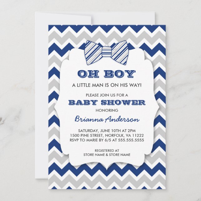 OH BOY Bow tie baby shower / navy grey chevron Invitation (Front)