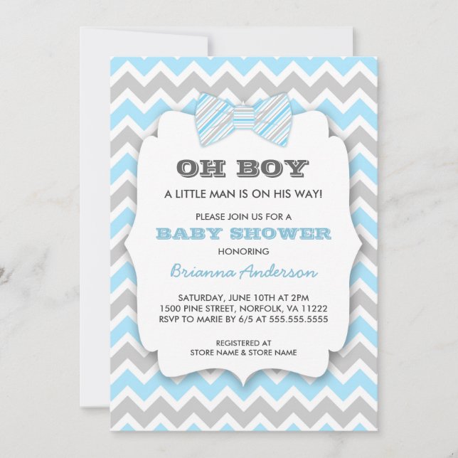OH BOY Bowtie baby shower / blue grey chevron Invitation (Front)