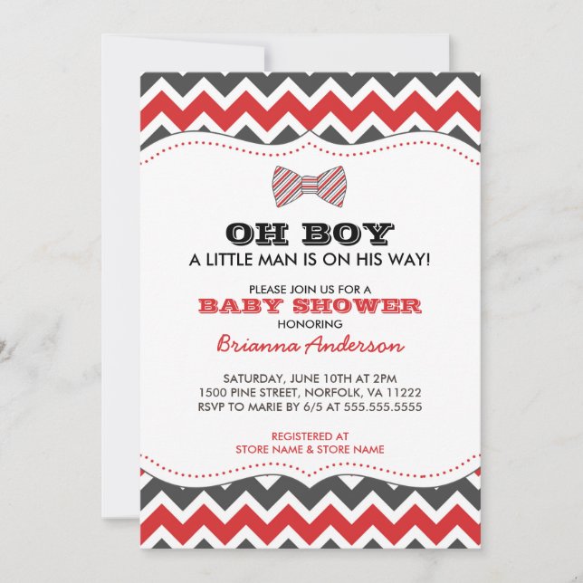 OH BOY Bowtie baby shower invites / red grey grey (Front)