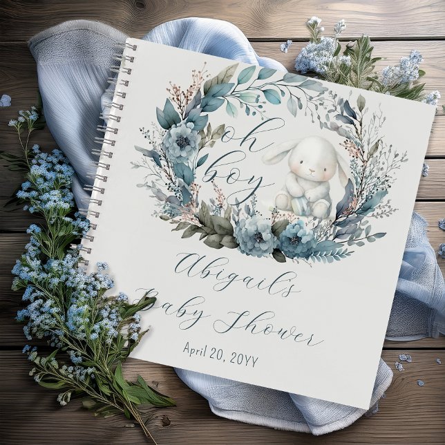 Oh Boy Bunny Blue Floral Baby Shower Guest Book (Bunny Rabbit and Blue Floral Wreath Boy Baby Shower Guest Book Notebook - "Oh Boy" Bunny Collection)