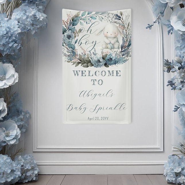 Oh Boy Bunny Rabbit Blue Floral  Baby Sprinkle Banner (Bunny Rabbit and Blue Floral Wreath Boy Baby Sprinkle Banner - "Oh Boy" Bunny Collection)