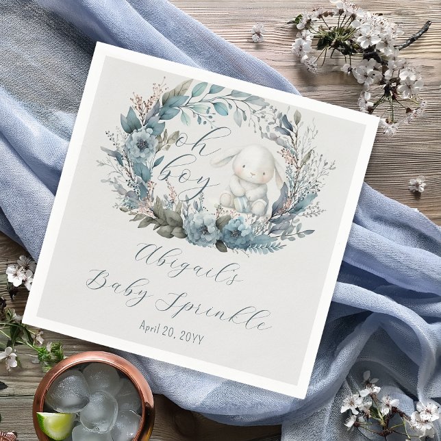 Oh Boy Bunny Rabbit Blue Floral Baby Sprinkle Napkin (Bunny Rabbit and Blue Floral Wreath Boy Baby Sprinkle Paper Napkin - "Oh Boy" Bunny Collection)