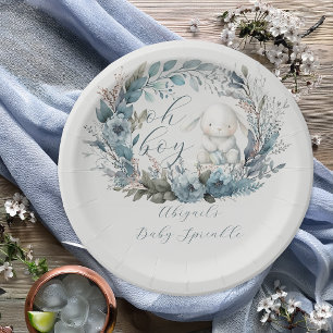 Oh Boy Bunny Rabbit Blue Floral Baby Sprinkle Paper Plate