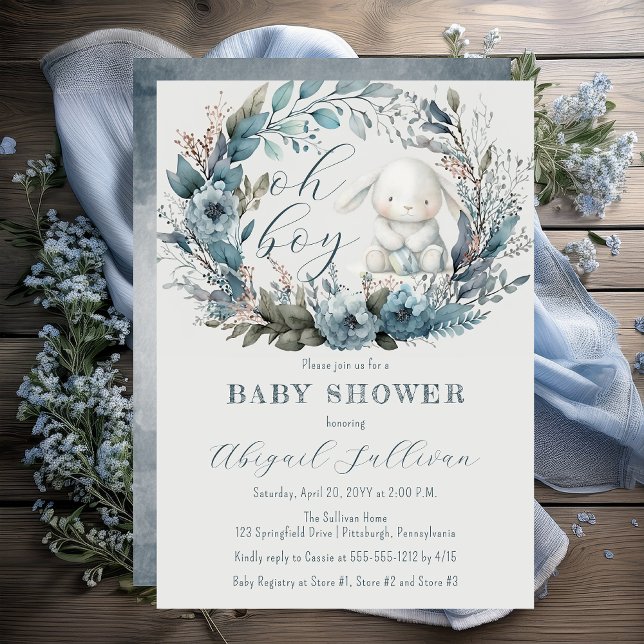 Oh Boy Bunny Rabbit Blue Floral Wreath Baby Shower Invitation ("Oh Boy" Bunny Rabbit and Blue Floral Wreath Boy Baby Shower Invitation - Print | Digital)