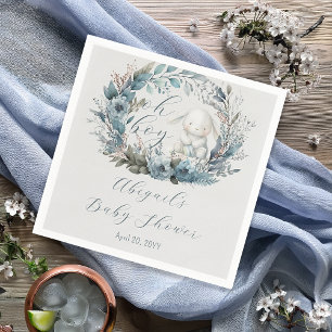 Oh Boy Bunny Rabbit Blue Floral Wreath Baby Shower Napkin