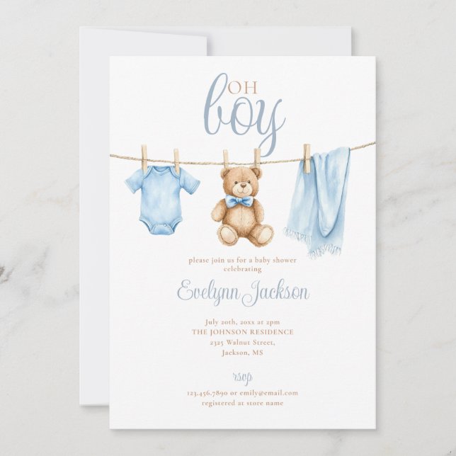 Oh Boy Clothesline Baby Shower All In One Invitation (Front)