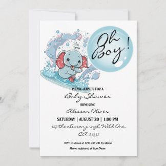Oh Boy Cute Baby Elephant Blue Bubble Baby Shower  Invitation