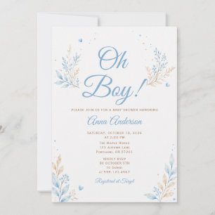 Oh Boy Cute Baby Shower Blue Watercolor Floral Invitation