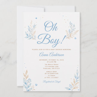 Oh Boy Cute Baby Shower Blue Watercolor Floral Invitation