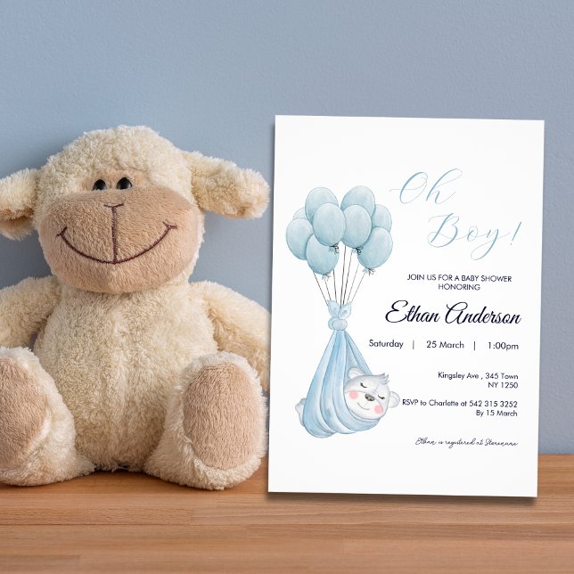 Oh Boy Cute Bear Balloon Baby Shower Invitation (Oh Boy Cute Bear Balloon Baby Shower Invite)