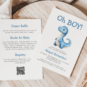 Oh Boy Cute Blue Dinosaur QR Code Baby Shower Invitation