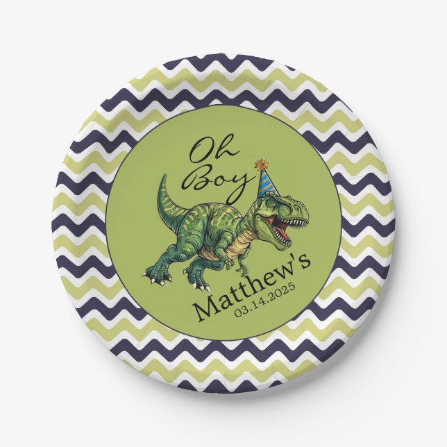 Oh Boy! Cute Dinosaur Baby Shower Paper Plate (Front)
