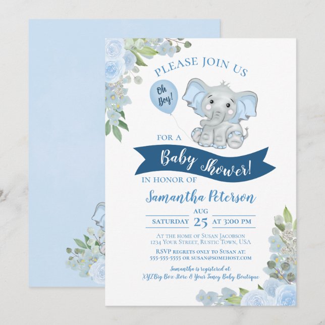 Oh Boy! Cute Elephant Blue Floral Baby Shower Invitation (Front/Back)