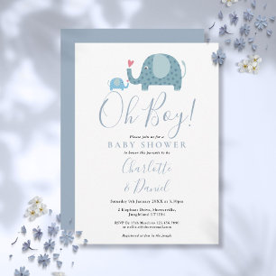 Oh Boy Cute Elephants Baby Shower Invitation