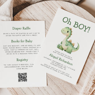Oh Boy Cute Green Dinosaur QR Code Baby Shower Invitation