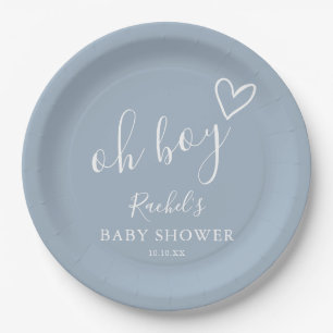 Oh Boy Cute Heart Dusty Blue Baby Shower Paper Plate