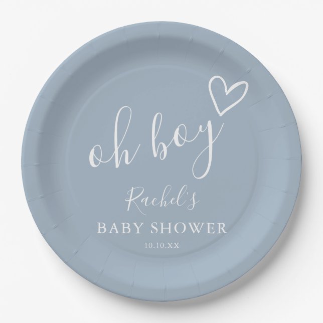 Oh Boy Cute Heart Dusty Blue Baby Shower Paper Plate (Front)