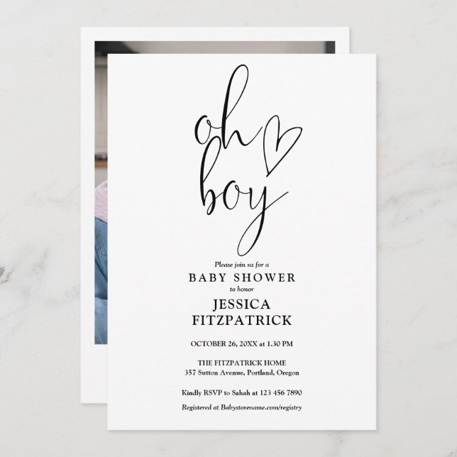 Oh Boy Cute Heart Script Photo Baby Shower Invitation (Front/Back)
