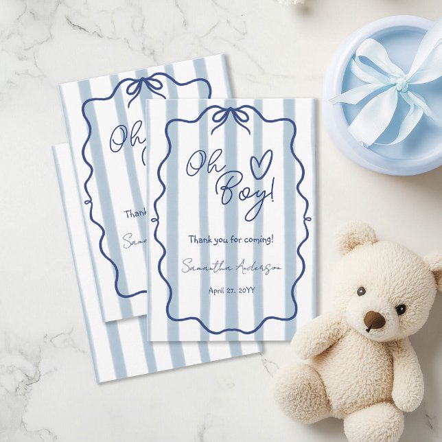 Oh Boy Cute Modern Blue Stripes Baby Shower Thank You Card (Creator Uploaded)