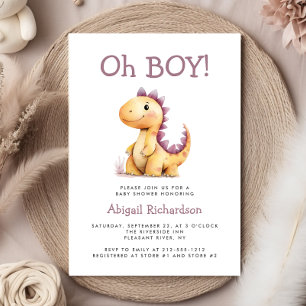 Oh Boy Cute Orange Purple Dinosaur Baby Shower Invitation