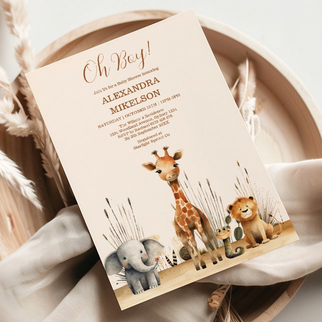 Oh Boy Cute Safari Animal Greenery Baby Shower Invitation (Creator Uploaded)