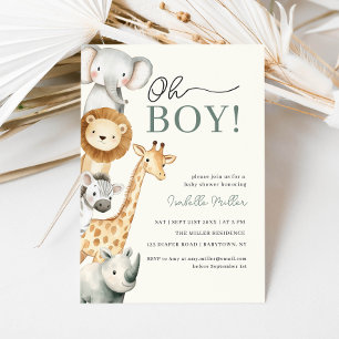 Oh Boy Cute Safari Animal Greenery Boy Baby Shower Invitation