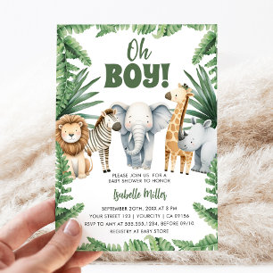 Oh Boy Cute Safari Animal Greenery Boy Baby Shower Invitation