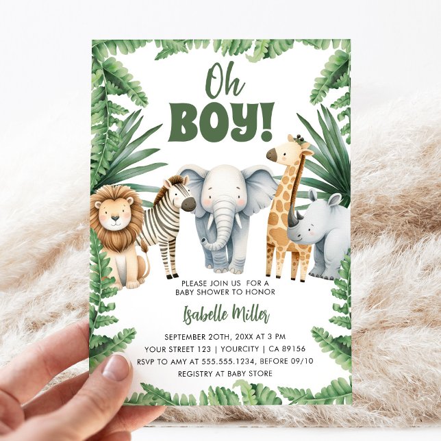 Oh Boy Cute Safari Animal Greenery Boy Baby Shower Invitation (Creator Uploaded)