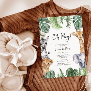 Oh Boy Cute Safari Animals Greenery Baby Shower Invitation
