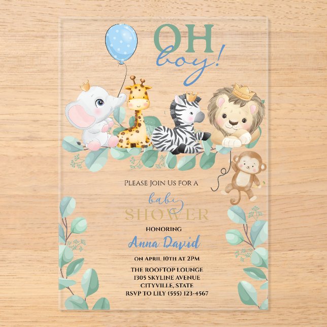 Oh Boy Cute Safari  Jungle Animals Baby Shower Acrylic Invitations (Front)