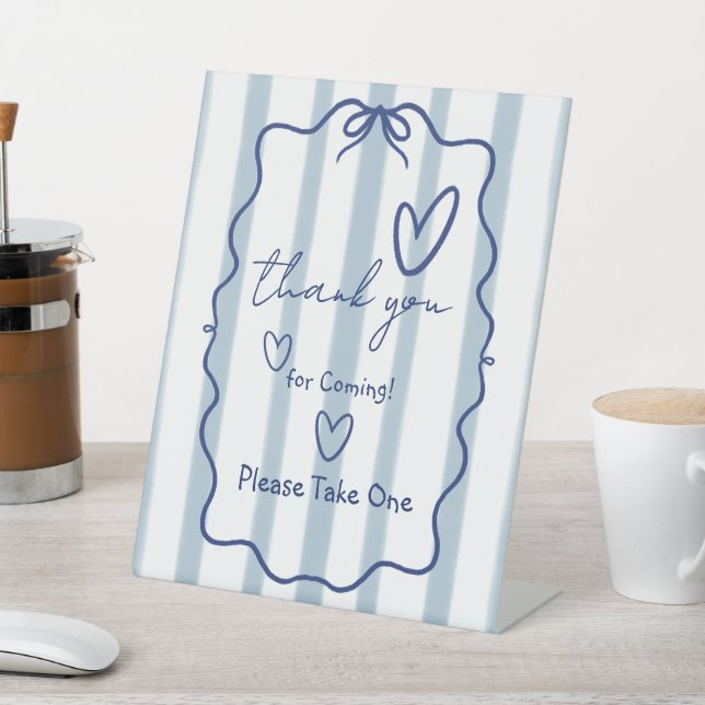 Oh Boy Cute Whimsical Blue Stripes Baby Shower Pedestal Sign (In SItu)