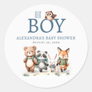 Oh Boy Cute Woodland Animal Hiking Boy Baby Shower Classic Round Sticker