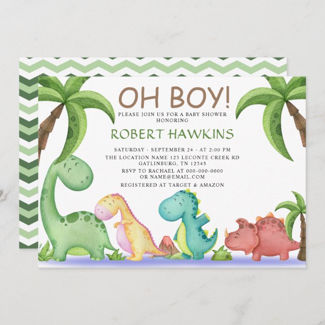 Oh Boy Dinosaur Baby Shower Invitation (Front/Back)