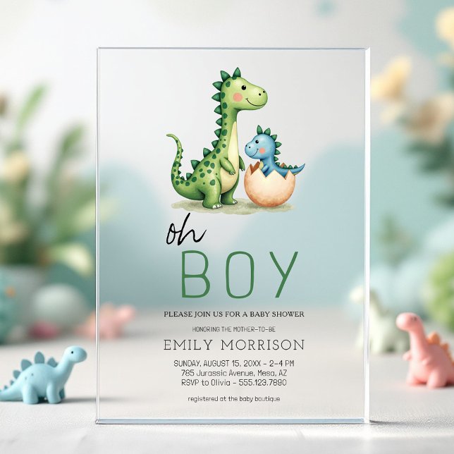 Oh Boy Dinosaur Cute Baby Boy Shower Acrylic Invitations (Creator Uploaded)