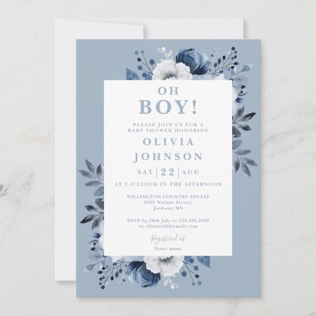 Oh Boy Dusty Blue Elegant Floral Baby Shower Invitation (Front)