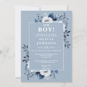 Oh Boy Dusty Blue Elegant Floral Baby Shower Invitation