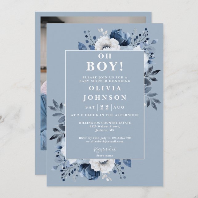 Oh Boy Dusty Blue Floral Photo Baby Shower Invitation (Front/Back)